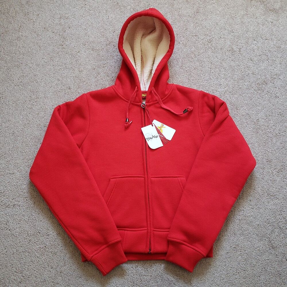 Vtg Bkle Axes Thelma Fleece Lined Waffle Knit Heavyweight Hoodie Jacket Red Med